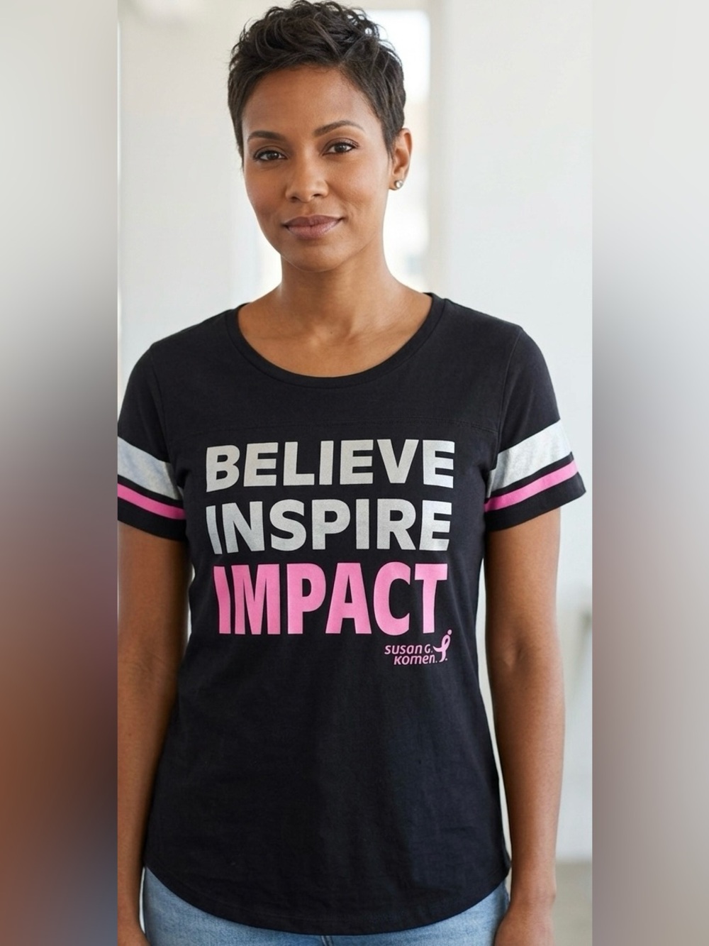 SUSAN G KOMAN Believe Inspire Impact  Graphic Tee -Black, Silver, Pink